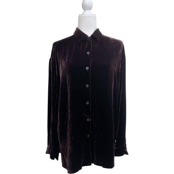 VTG Eileen Fisher Brown Velvet Button Front Long Sleeve Luxe Top Pant Set Sz M - Picture 2 of 6